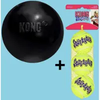Kong extreme bal zwart en tennisballen M 7,5 cm + m 6,5 cm 3 st