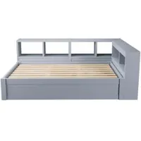MODFU Uitschuifbaar kinderbed 90 x 200 cm met hydraulische bediening, kinderbed met hoofdeinde met LED-lichtstrip en een lade, bed met opbergruimte en dubbele compartimenten, zonder matras, grijs