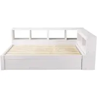 OKWISH Uitschuifbaar bed 90x200 met LED-verlichting en Europese stekker, kinderbed met opbergvakken en hydraulische opbergruimte, enkelbed, wit, zonder matras