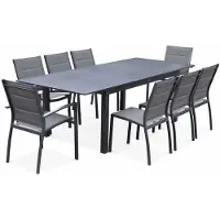 Sweeek Chicago set, 1 tafel met een verlengstuk, 2 fauteuils, 6 stoelen uit aluminium en textileen
