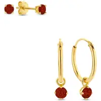 New Bling 9SIL-SET0017 Zilveren Set Oorringen met hangertje en Oorknopjes met Zirkonia - 15mm Doorsnee - Knopjes 3mm - Rood - Zilver - Verguld/Goud op Zilver
