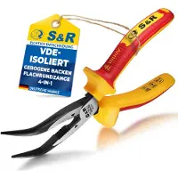 S&R Platte ronde neustang, gebogen 200 mm, met snijrand, naaldneustang, warmte-en inductietang gehard voor professioneel gebruik, hardheid HRC 66, 2-componentenhandvatten met antislip, ooien snaveltang