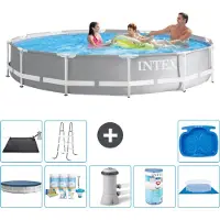 OEM Zwembad voor de tuin - 366 x 76 cm - Grijs - Voetbad - Inclusief afdekking - Onderhoudskit - Pomp - Filter - Bodemafdekking - Zonnepaneel - Ladder - Voetbad