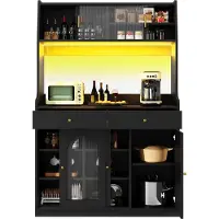 Merax Keukenkast - zijtafel - vitrinekast - eettafelkast met verstelbare planken - eettafelkast met twee lades - hoge kast met LED-verlichting - zwart