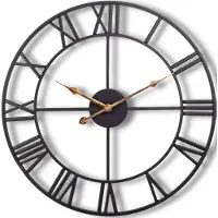 HomeShopXL HSXL Wandklok Industrieel - 60 cm - Stil Quartz uurwerk - Zwart Metaal - Gouden Wijzers - Romeinse Cijfers