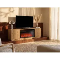 Vente-unique Tv-meubel met 2 deuren van MDF met schoorsteeneffect met ledverlichting - Naturel en zwart - YEVINA
