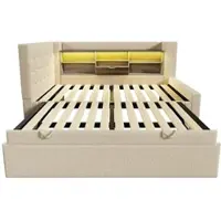 STILVORA Gestoffeerd bed 90x200cm – Eenpersoonsbed met Uitschuifbed 90x190cm & LED – Hoofdeinde met USB-laders – Linnen/Metaal – Beige – Zonder matras