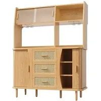 OKWISH Buffetkast – Met Glas Schuifdeuren En 3 Laden – 140x40,5x174,5 cm – Veel Opbergruimte Voor Keuken En Eetkamer – MDF Houtkleur