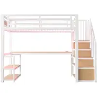MODFU – Hoogslaper met Opbergladder en Bureau – 90x200 cm – Met Planken – Ruimtebesparend – Metaal – Wit