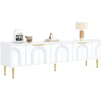 OKWISH TV-Meubel - Sculpturaal Design - Gestructureerde Deuren - Met Gouden Handgrepen En Metalen Poten - Modern/Scandinavisch/Luxe - MDF Wit - 170x35x47.5 cm