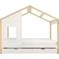 Sunny Beau Bedhuisje van Hout met Opberglade in Bruin & Wit | Kinderbed met Lade | Kajuitbed Zonder Matras | 208x97cm | Voor Matrasmaat 90 x 200 cm