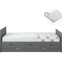 Sunny Eli Kinderbed van Hout met 3 Lades in Grijs | Kajuitbed met Uitschuifbed Inclusief Hybrid Matras 90x200 (14 cm, Hybrid foam, polyester hoes) | Volledige afmetingen (LxBxH): 206,5 x 97 x 75 cm