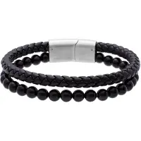 Lucardi - Heren Stainless steel kralenarmband zwart agaat - Armband - Staal - Zilverkleurig - 21 cm
