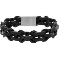 Lucardi - Heren Stainless steel herenarmband gevlochten leer zwart - Armband - Staal - Zilverkleurig - 19 cm