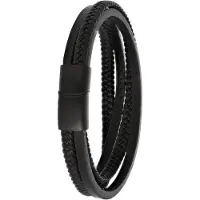 Lucardi Heren Blackplated armband gevlochten leer - Leer - Armband - Vaderdag Cadeautje - 22 cm - Zwart