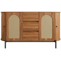 OKWISH Dressoir – Ovale Opbergkast – 140×38×77,5 cm – 4 Deuren En 3 Lades – Verstelbare Planken – MDF Walnoot