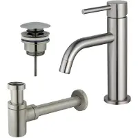 FortiFura Calvi Slim Wastafelkraanset - lage wastafelkraan - klikwaste plug - verlaagde design sifon - PVD - geborsteld RVS SW377858/SW696201/SW696217