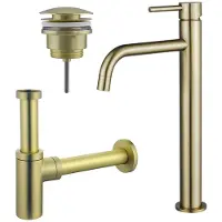 FortiFura Calvi Slim Wastafelkraanset - verhoogde wastafelkraan - klikwaste plug - design sifon - PVD - geborsteld messing (goud) SW720546/SW696202/SW696213