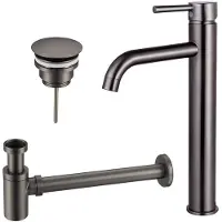 FortiFura Calvi Wastafelkraanset - verhoogde wastafelkraan - always open plug - verlaagde design sifon - PVD - geborsteld gunmetal (antraciet) SW766541/SW769487/SW767295