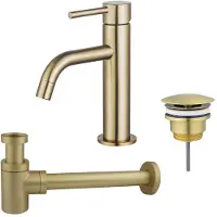 FortiFura Calvi Slim Wastafelkraanset - lage wastafelkraan - always open plug - verlaagde design sifon - PVD - geborsteld messing (goud) SW720545/SW696208/SW696218