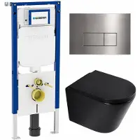 Geberit QeramiQ Dely Toiletset - 36.3x51.7cm - diepspoel - rimless - UP720 inbouwreservoir - softclose toilet zitting - 35mm - steel bedieningsplaat - rechthoekige knoppen - mat zwart