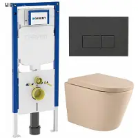 Geberit QeramiQ Dely Toiletset - 36.3x51.7cm - diepspoel - rimless - UP720 inbouwreservoir - softclose toilet zitting - 35mm - bedieningsplaat antraciet mat - rechthoekige knoppen - mat beige
