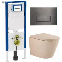 Geberit QeramiQ Dely Toiletset - 36.3x51.7cm - diepspoel - rimless - UP720 inbouwreservoir - softclose toilet zitting - 35mm - gunmetal bedieningsplaat - rechthoekige knoppen - mat beige