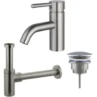 FortiFura Calvi Wastafelkraanset - lage wastafelkraan - always open plug - design sifon - PVD - geborsteld RVS SW377856/SW696207/SW696212