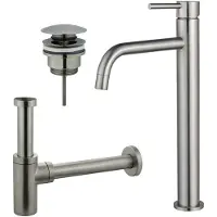 FortiFura Calvi Slim Wastafelkraanset - verhoogde wastafelkraan - klikwaste plug - design sifon - PVD - geborsteld RVS SW377859/SW696201/SW696212