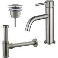 FortiFura Calvi Slim Wastafelkraanset - lage wastafelkraan - always open plug - design sifon - PVD - geborsteld RVS SW377858/SW696207SW696212