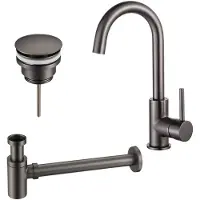 FortiFura Calvi Wastafelkraanset - hoge wastafelkraan - draaibare uitloop - klikwaste plug - verlaagde design sifon - PVD - geborsteld gunmetal (antraciet) SW809350/SW767288/SW767295