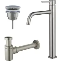 FortiFura Calvi Slim Wastafelkraanset - verhoogde wastafelkraan - always open plug - verlaagde design sifon - PVD - geborsteld RVS SW377859/SW696207/SW696217