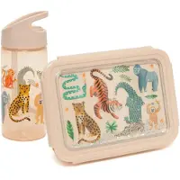 Petit Monkey BEAU by Bo Back to School set - Bentobox + Drinkfles Upside Down Animals - Beige