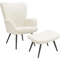 TecTake Oorfauteuil gestoffeerd - Scandinavische stijl, teddystoel, woonkamer, slaapkamer, lounge stoel, draagvermogen tot 150 kg - met hocker - div uitvoeringen - Bouclé - creme/zwart