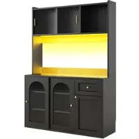 OKWISH Keukenkast - Hoogkast Met Glazen Schuifdeuren - Verstelbare Planken & Opberglades - 120x35x167 cm - Met LED-App En Muzieksync - MDF Zwart