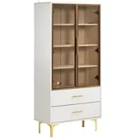OKWISH Glasvitrine – Vitrinekast Met Theekleurige Glazen Deuren – 70×35×150 cm – 2 Lades – 16-Kleur LED – Wit Spanplaat – Gouden Poten