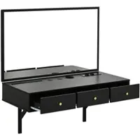 OKWISH Make-Uptafel – 3 Lades – Met Spiegel – Ingebouwde Stopcontacten en Tablet-/Kaarthouder – Spaanplaat Zwart – 100x45x105 cm