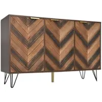 OKWISH Dressoir – 3 Deuren – 120x38x76,5 cm – 3 Vakken Met Verstelbare Planken – Gouden Grepen – Stalen Poten – Spaanplaat Lichtbruin+Zwart