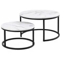 OKWISH Salontafel 2-Delig Set - Stabiel IJzeren Frame - Stapelbare Tafel Met Verstelbare Voeten - MDF Blad - 70×70×45 & 45×45×37 Cm - Wit