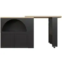OKWISH Bartafel - Uitschuifbaar 135-205×39×100 Cm - Met LED Verlichting En USB - Met Opbergruimte En Wielen - MDF Zwart