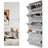 STILVORA Schoenenkast Met Spiegel - 5 Klepvakken Voor 15 Paar - Vrijstaand Voor Hal En Slaapkamer - MDF - Wit - 176 Cm