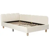 OKWISH kinderbed 90x200, bekleed bed met gestoffeerd hoofdeinde en valbeveiliging, eenpersoonsbed met zijvak, fluweel, beige (zonder matras)