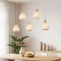 LumenXL Japandi hanglamp Senji – 5-lichts zandtaupe met linnen kappen