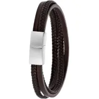Lucardi Heren Armband bruin gevlochten leer - Leer - Armband - Vaderdag Cadeautje - 21 cm - Zilverkleurig