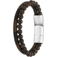Lucardi Heren Armband leer en steen bruin - Leer - Armband - Vaderdag Cadeautje - 20 cm - Zilverkleurig