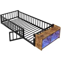 OKWISH Kinderbed 90x200 cm - Met Veiligheidshek En Ledverlichting - Open Opbergvak - Zonder Matras - Metaal - Zwart