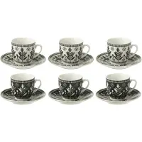 J-Line Doos met 6 koffiekopjes + schotels bladeren keramiek zwart/wit