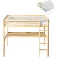 Sunny Sil Hoogslaper van Hout met Bureau in Houtkleur | Kinderbed Inclusief Hybrid Matras 90x200 | Verhoogd Bed met Ladder & Boekenplank | Volledige afmetingen (LxBxH): 208 x 100,5 x 172 cm