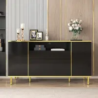 OKWISH Dressoir – Hoogglans Zwart – 4 Deuren 1 Lade – Met LED-Verlichting – Luxe Stijl Met Gouden Accenten En Poten – Spaanplaat;MDF – 150x40x80 cm