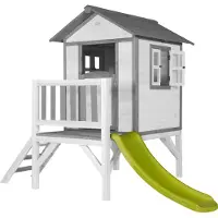 Axi Beach Lodge XL Speelhuis op palen en groene Glijbaan | Speelhuisje voor de tuin / buiten in grijs & wit van FSC hout | Speeltoestel voor kinderen